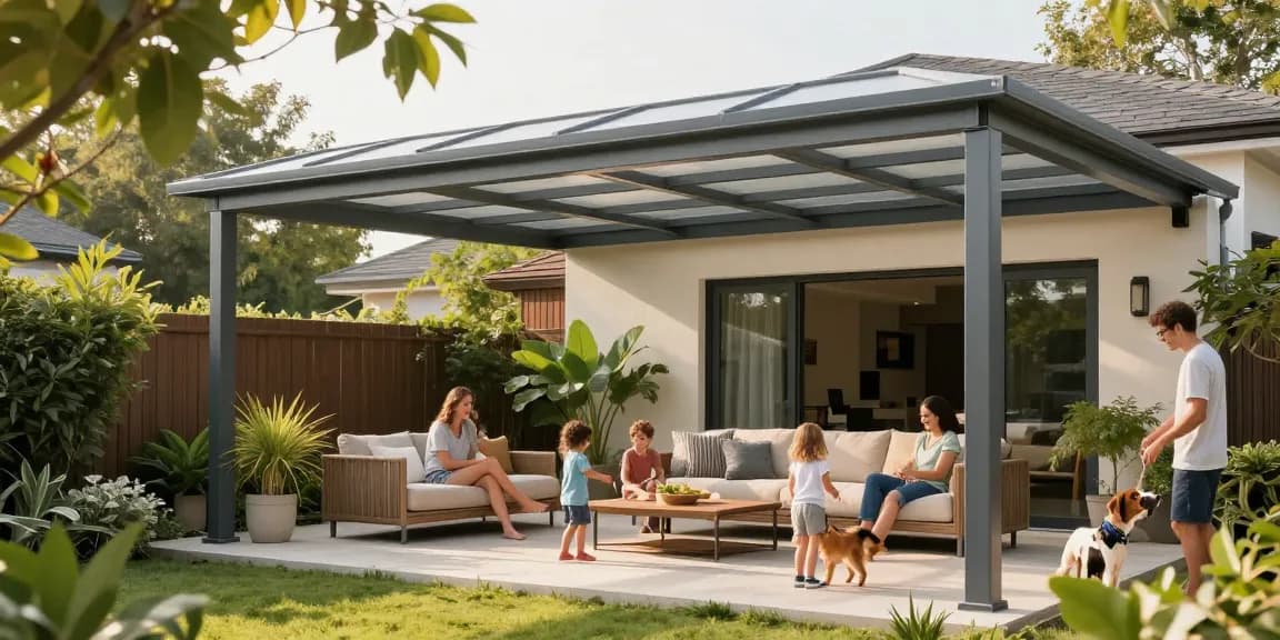 Moderne Terrassenüberdachung mit Familie im Garten, die die Sonne genießt.
