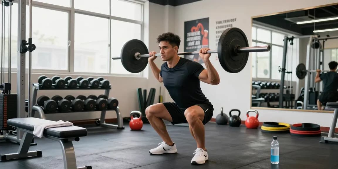 Anabolika Shop offers bodybuilding tips as a dedicated athlete performs a barbell squat in a modern gym filled with fitness equipment.