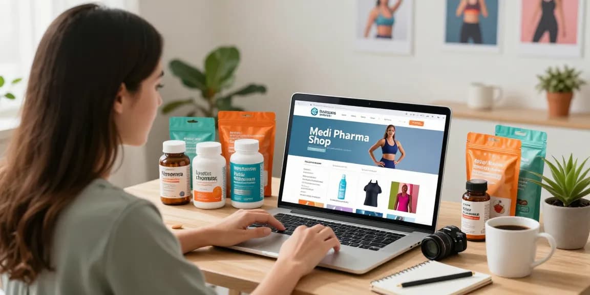 Durchstöbern von Gesundheitsprodukten im Medi Pharma Shop online, bunte Wellness-Auswahl in einem gemütlichen Home-Workspace.