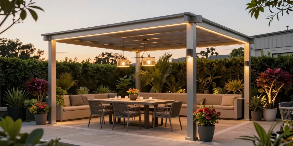 Elegante Terrassenüberdachungen aus Aluminium umgeben von grünem Garten.