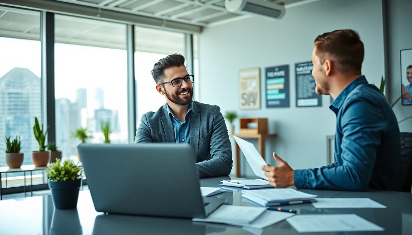 Headhunter Ingenieure im Gespräch mit einem Ingenieur über Karrieremöglichkeiten in modernem Büro.