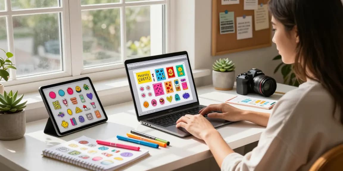 Creative workspace showcasing custom stickers design process with a designer at a colorful desk.