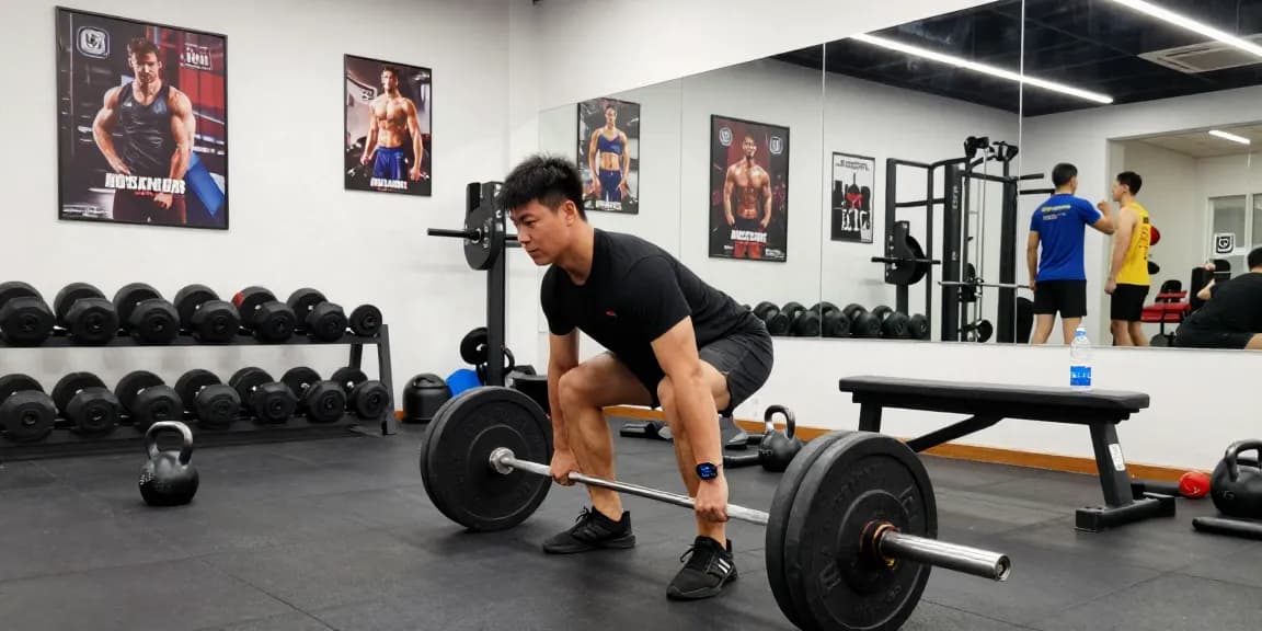 Anabolika Shop mit Bodybuilder, der schweres Gewicht im Fitnessstudio hebt und motivierende Umgebung zeigt.
