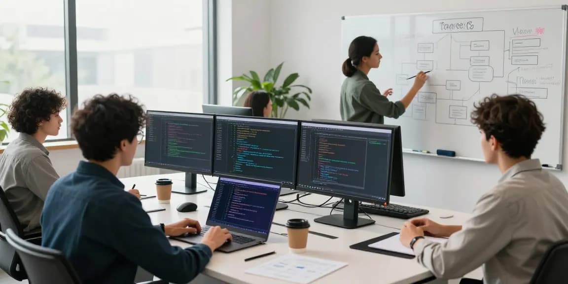 Build internal tools with AI in a collaborative tech workspace, featuring diverse developers coding and brainstorming.