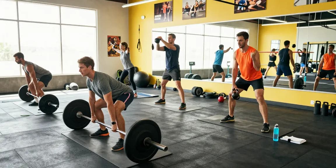 Anabolika Shop Deutschland zeigt Athleten in einem lebhaften Fitnessstudio, das Fitness und Trainingsengagement betont.