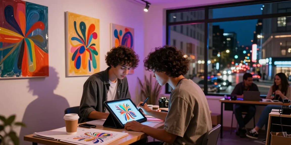 Artist using a nsfw ai generator to create vibrant digital art in a contemporary studio.