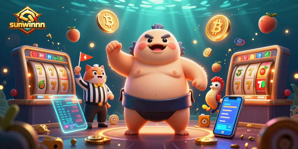 Join the fun with sunwinnnn in an underwater casino scene featuring cartoon characters and vibrant game elements.