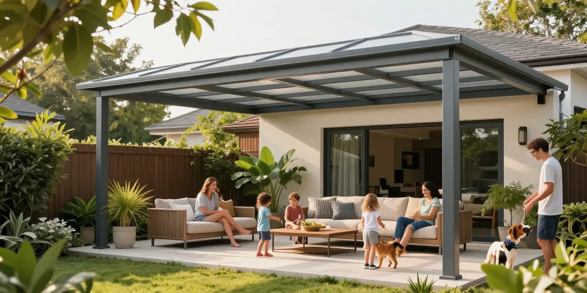 Moderne Terrassenüberdachung mit Familie im Garten, die die Sonne genießt.
