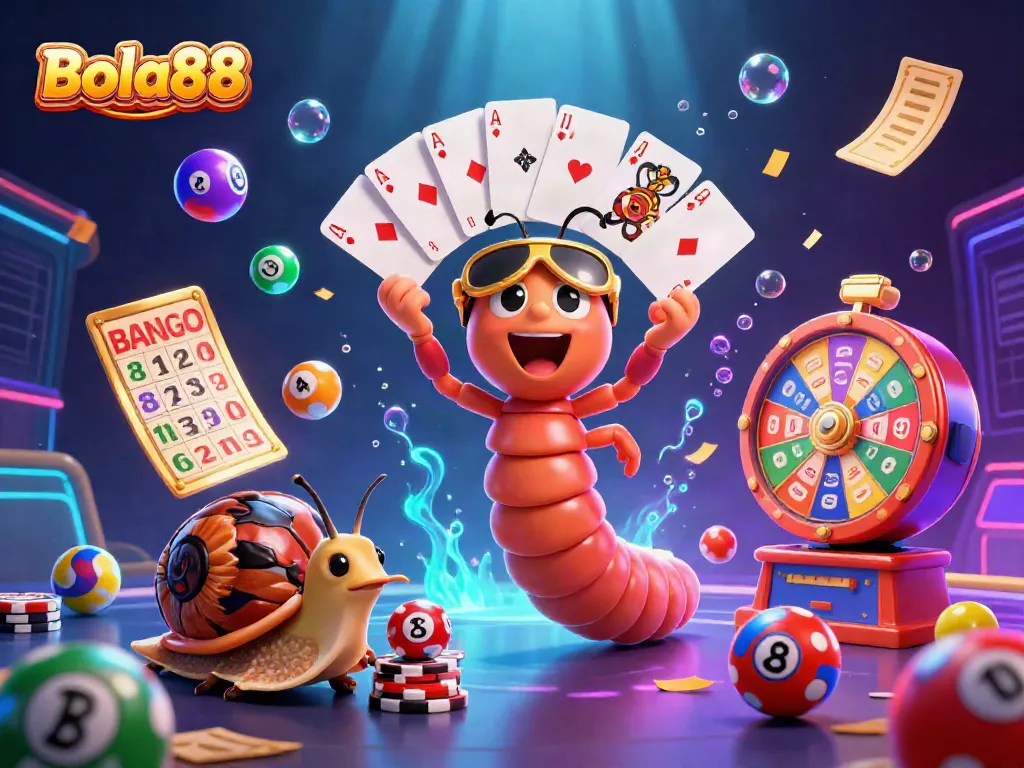 Bola88 illustrates lively casino excitement with a millipede dealer and engaging game elements.