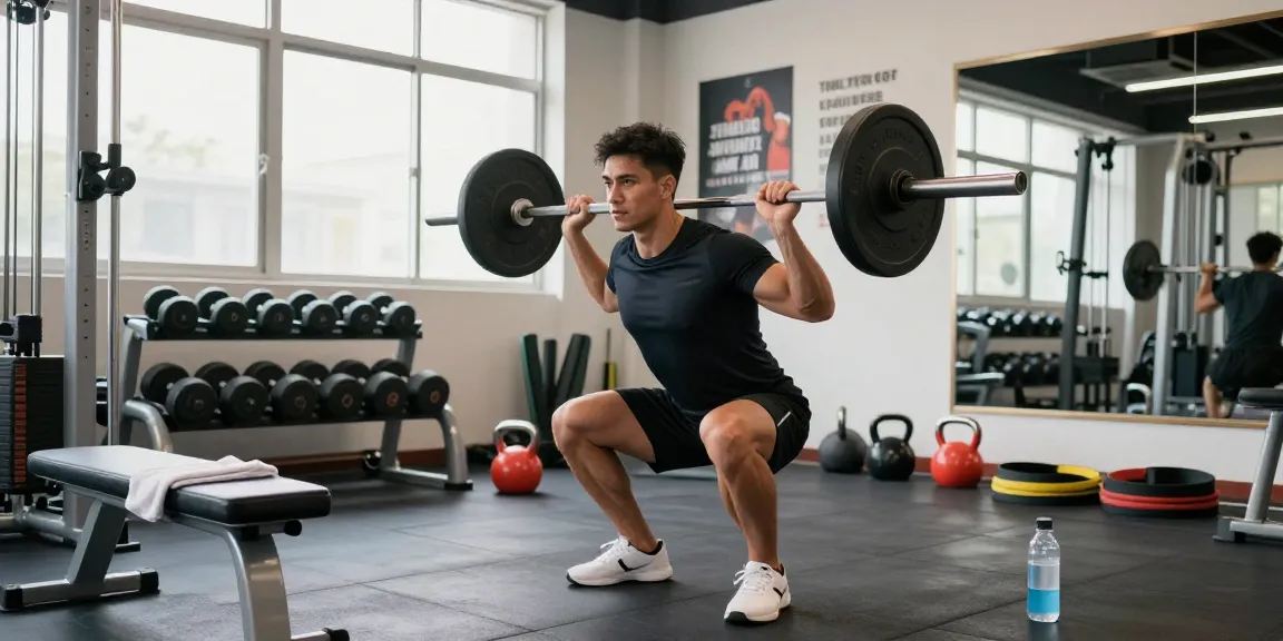 Anabolika Shop offers bodybuilding tips as a dedicated athlete performs a barbell squat in a modern gym filled with fitness equipment.