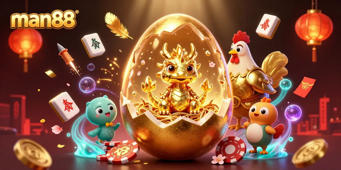 Experience excitement with the man88 casino-themed illustration showcasing a golden dragon amidst gaming elements.