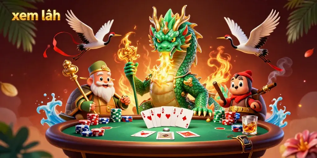 Experience the thrill of gambling with xem thêm as a jade dragon, turtle sage, and cranes create excitement around a poker table.