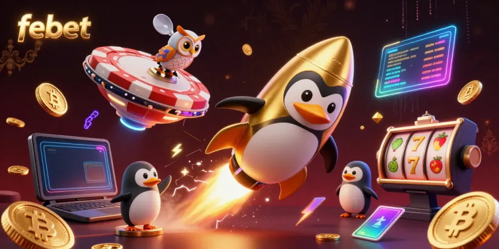 Experience febet's thrilling casino action with a golden penguin soaring toward a sparkling poker chip.