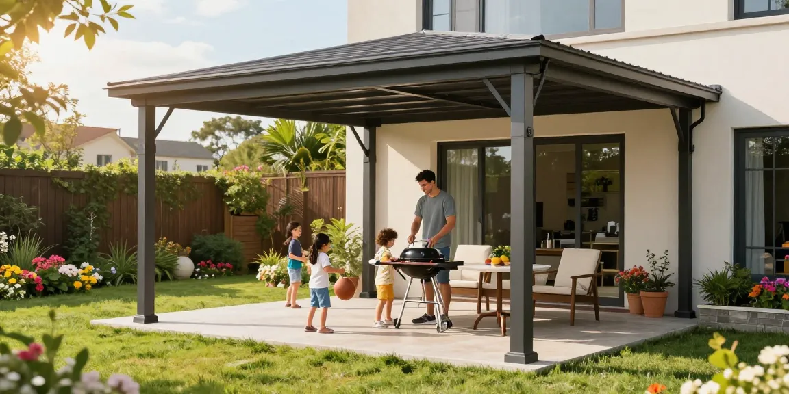 Freistehende Terrassenüberdachung in einem modernen Garten mit spielenden Kindern und Grillen.