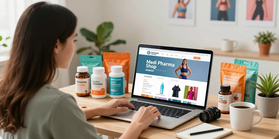 Durchstöbern von Gesundheitsprodukten im Medi Pharma Shop online, bunte Wellness-Auswahl in einem gemütlichen Home-Workspace.