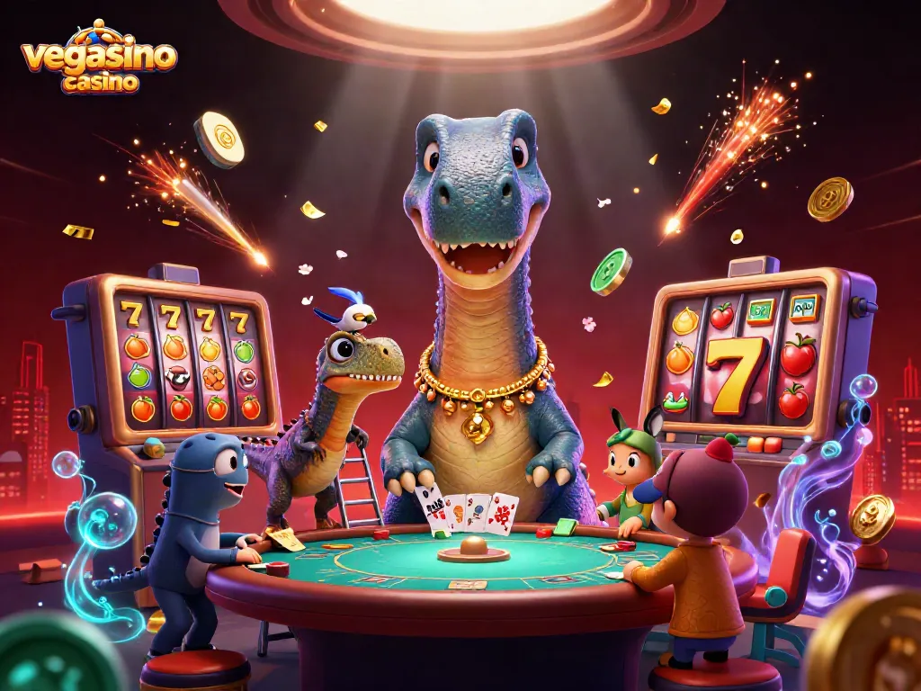 Engage with thrilling gameplay at vegasino casino featuring a dynamic cartoon scene of characters in a vibrant casino.