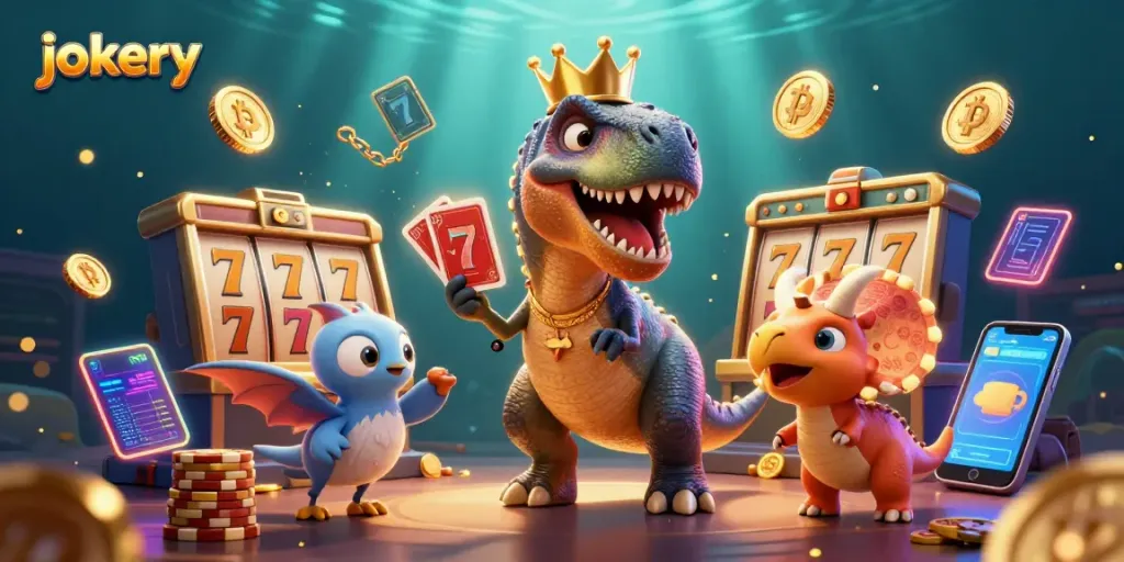 Experience the excitement of jokery casino with 3D characters engaging in slot action amid neon crypto coins.
