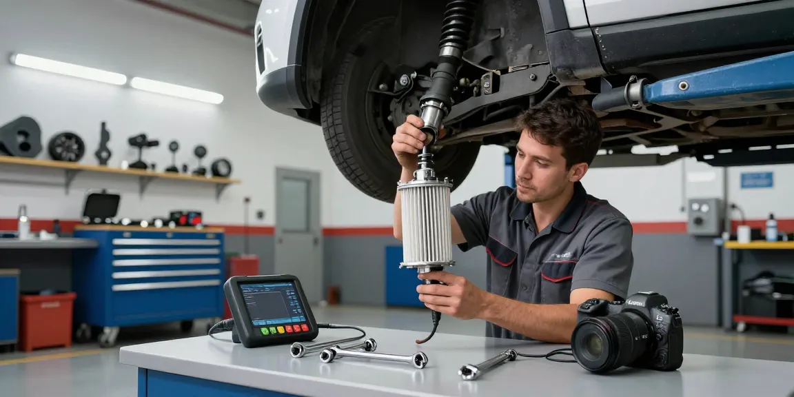 Mechaniker, der Partikelfilter Reinigen in einer professionellen Werkstatt durchführt und sich auf die Wartung von Diesel-Fahrzeugen konzentriert.