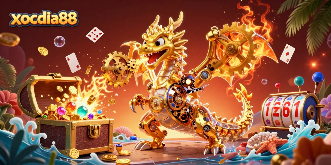 Win big with xocdia88: a dazzling 3D illustration showcasing vibrant casino elements and a dragon.