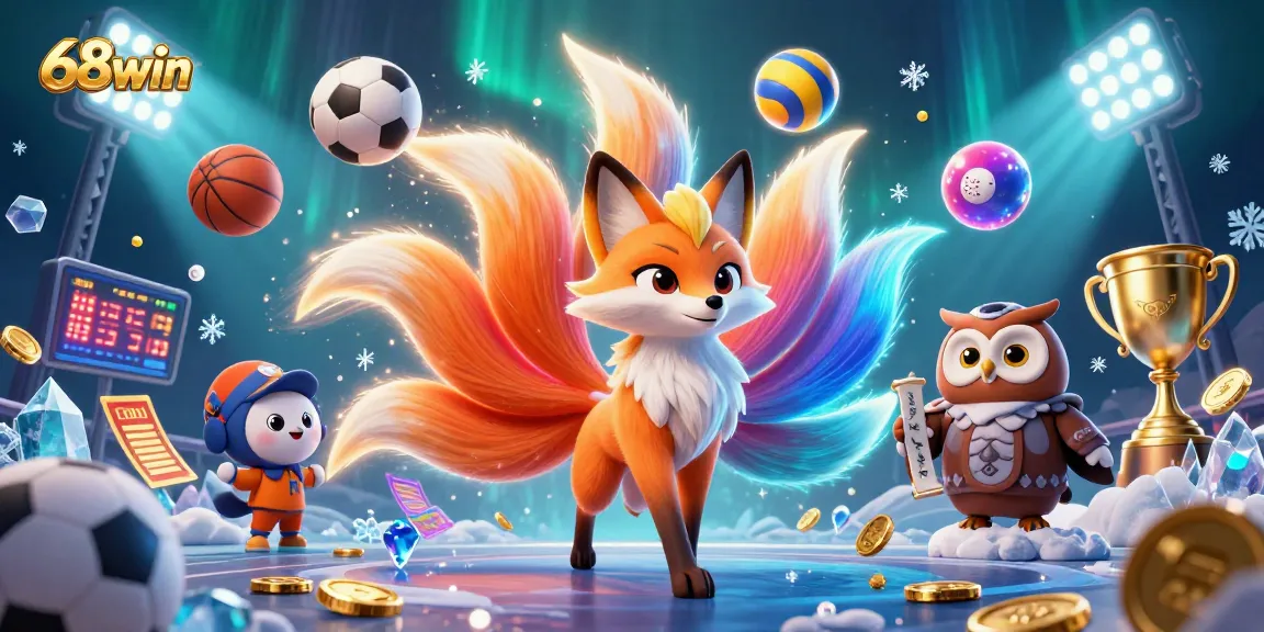 Engage with 68win's vibrant gaming experience through a colorful 3D illustration showcasing an exciting online casino atmosphere.