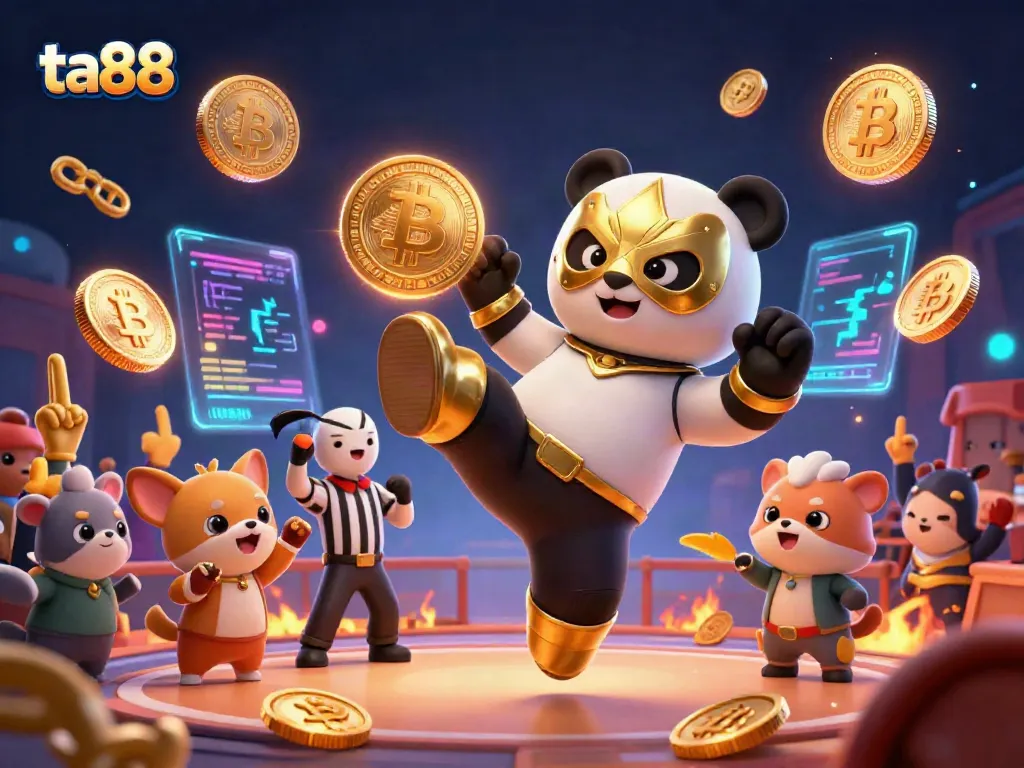 Engage in thrilling cockfighting at ta88, with animated panda fighters and a buzzing crowd.