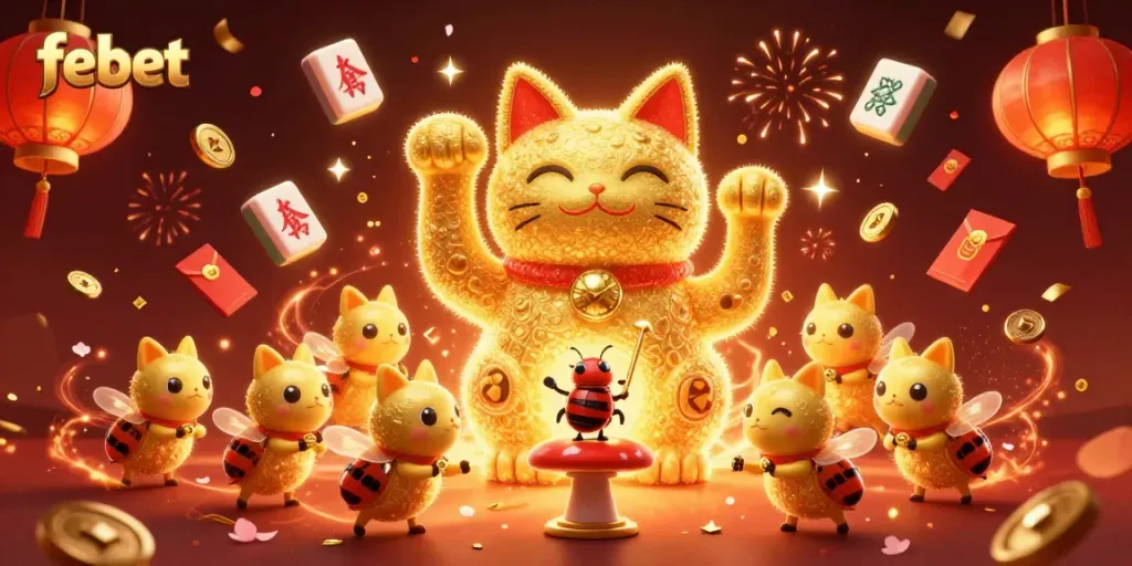 Experience thrilling wins at febet with a lively 3D illustration of a lucky cat amidst casino elements.