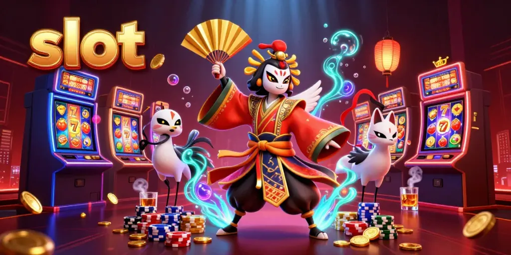 Experience high-stakes action at a vibrant slot casino with kabuki warriors and lucky symbols.
