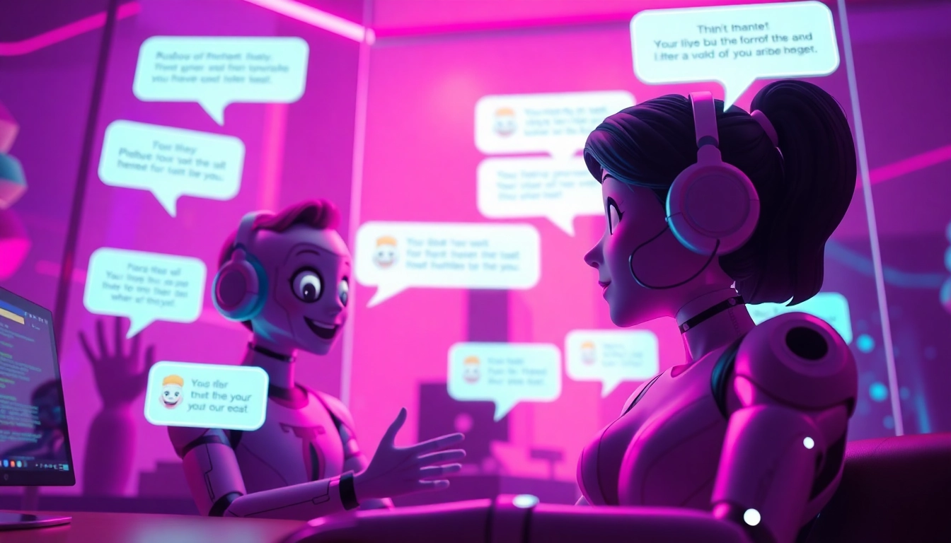 Engaging NSFW chat interface with animated AI characters in a vibrant digital space.
