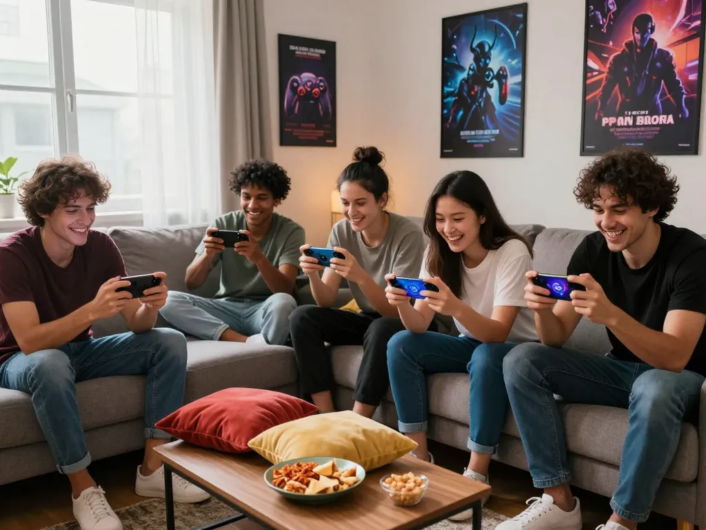 Friends enjoying free mobile porn games in a cozy living room, vibrant atmosphere, relaxed setting.