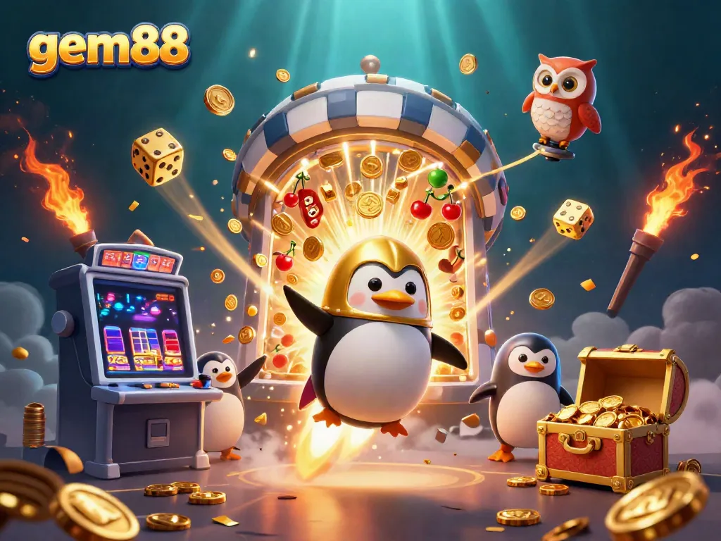 Experience the thrill of gem88 with a golden penguin racing towards a bustling casino space station.