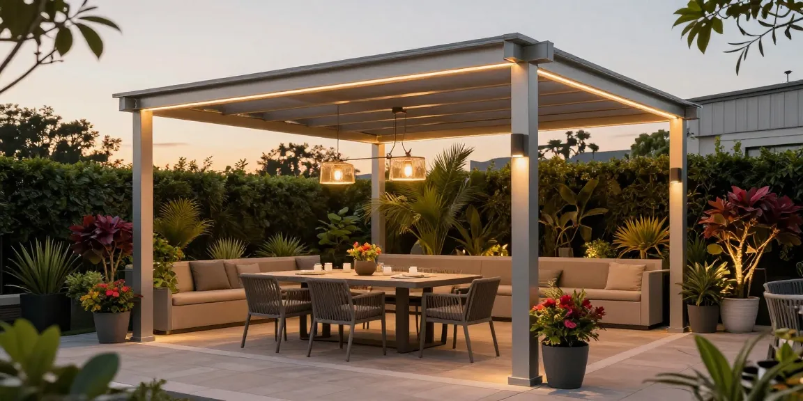 Elegante Terrassenüberdachungen aus Aluminium umgeben von grünem Garten.