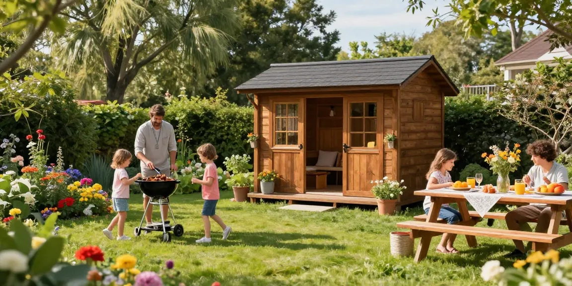 Holzgartenhäuser in einem einladenden Garten mit Familie und bunten Blumenbeeten.