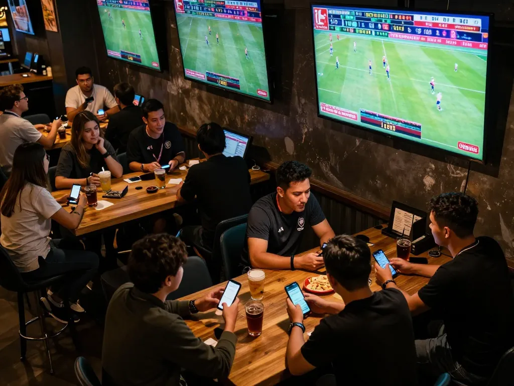 Engaged bettors at nhà cái go8 placing wagers on Bundesliga matches in vibrant sports bar