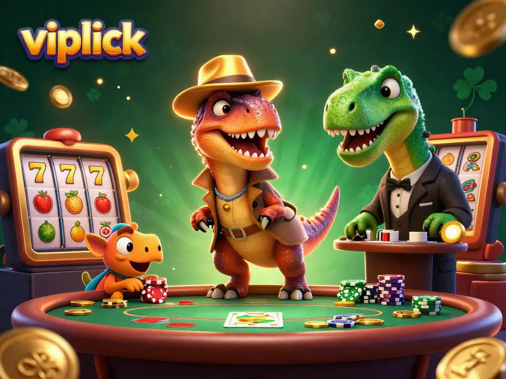 Win at vipluck with a sneaky velociraptor and stegosaurus in an exciting casino scene.