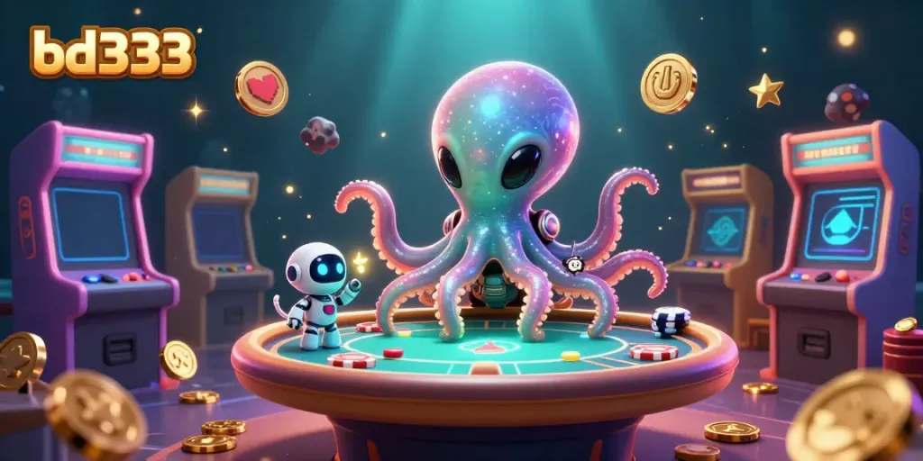 Engage with thrilling games at bd333, where an alien octopus operates a floating holographic poker table surrounded by colorful gaming elements.