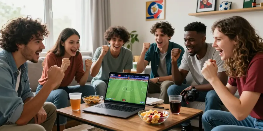 Exciting online betting atmosphere at home with friends enjoying sports on their laptop while betting on FC88.