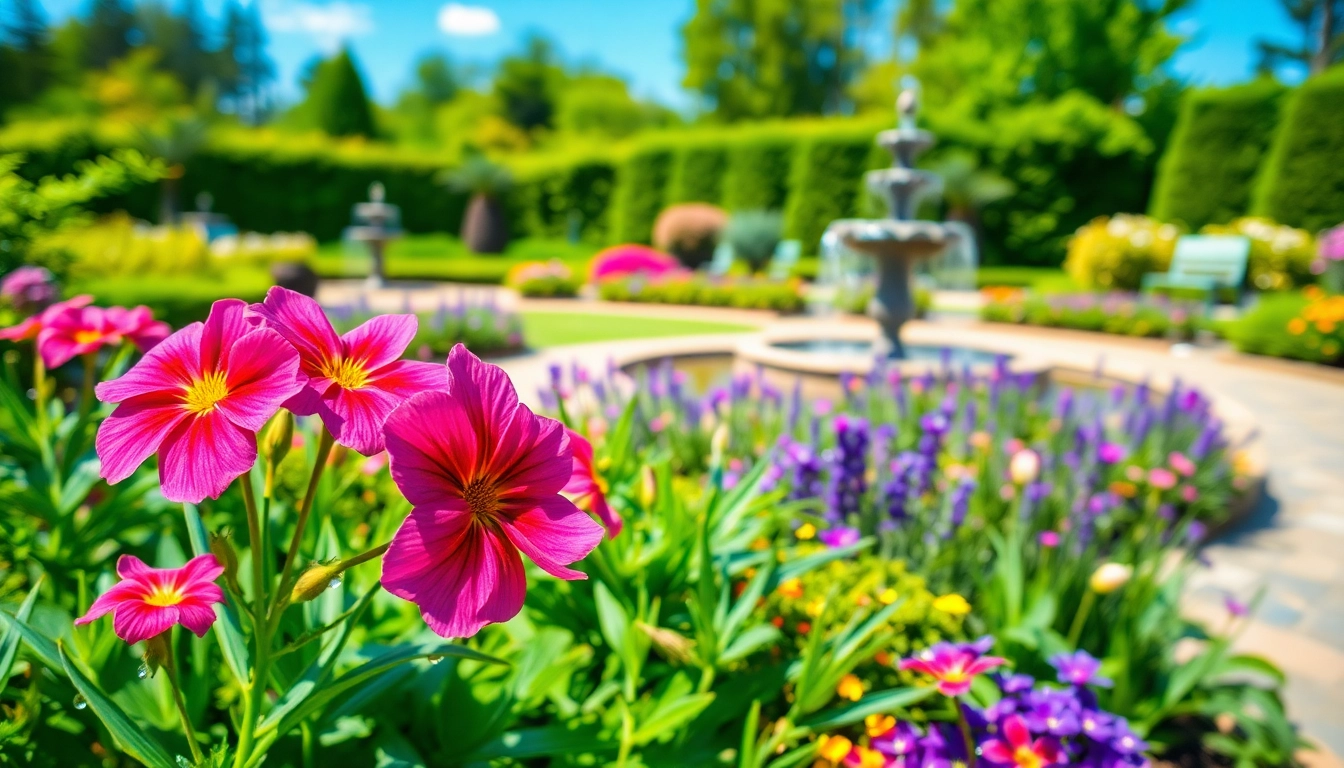 Gartenbaubetrieb in einer exquisiten Gartenlandschaft mit blühenden Pflanzen und klaren Wassermeredien.
