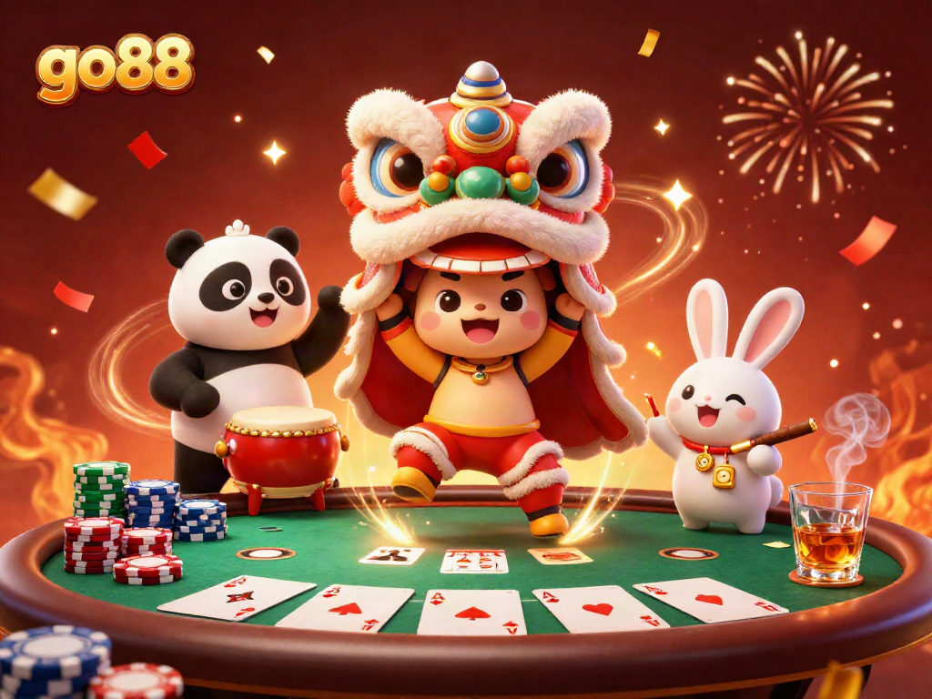 Engage in thrilling go88 card games surrounded by festive characters and vibrant casino elements.