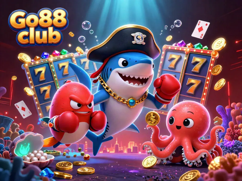 Go88 club's exciting casino adventure features pirate shark, pufferfish, and octopus with treasure.