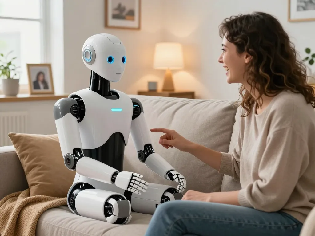 Engaging moment between a user and a lifelike sex bot in an intimate home setting.