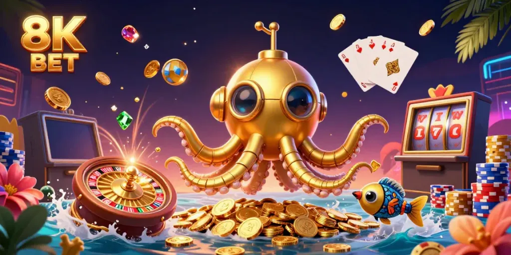Experience thrilling wins at 8K BET with an ultra-detailed 3D casino adventure featuring golden treasures and vibrant game elements.