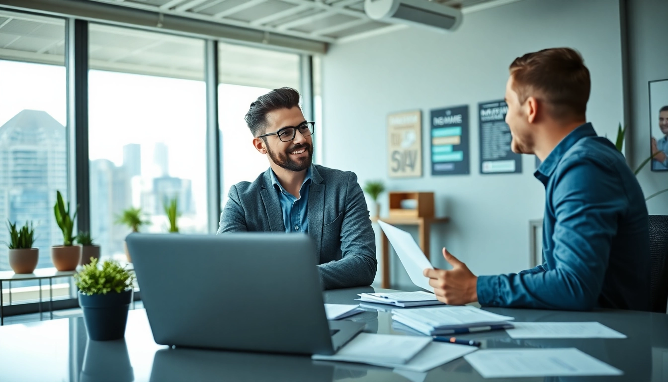 Headhunter Ingenieure im Gespräch mit einem Ingenieur über Karrieremöglichkeiten in modernem Büro.