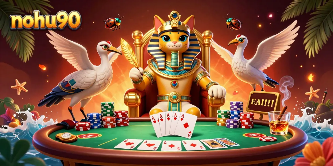 Nohu90 captivates with a vibrant 3D casino scene showcasing an Egyptian pharaoh cat amidst poker elements.