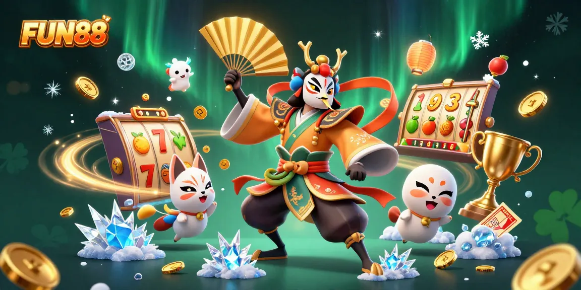 Experience the thrill of FUN88 with vibrant slots and dynamic characters in a 3D casino illustration.