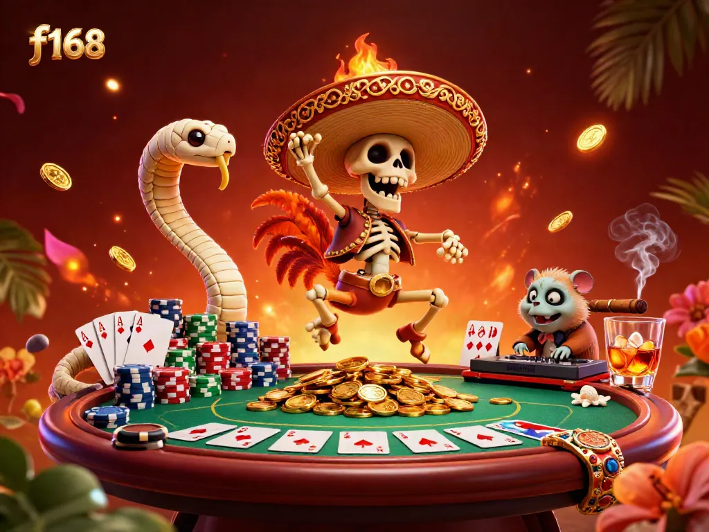 Experience thrilling gaming with f168 as a lively mariachi rooster celebrates on a pile of coins in a vibrant casino atmosphere.