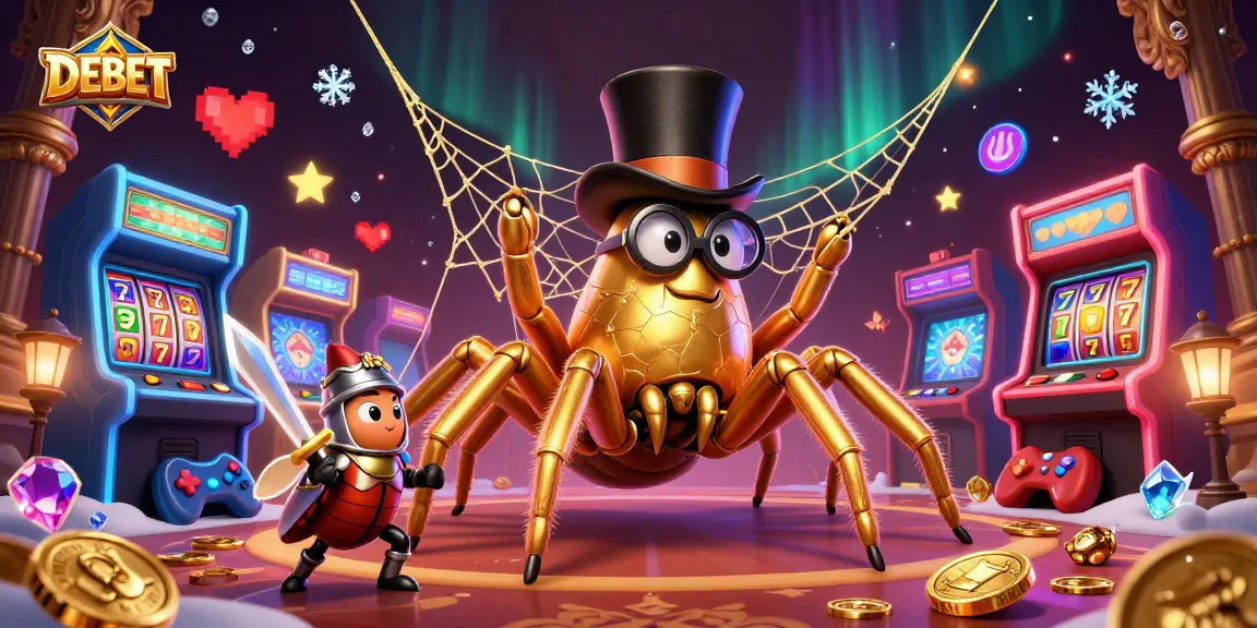 Engage with DEBET in a dynamic casino scene featuring a giant tarantula and knight.