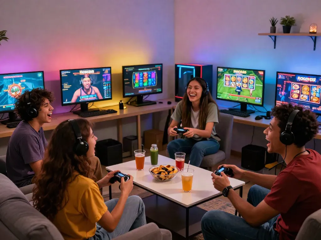 Friends enjoying ROKOK88 slot gaming experience in a lively lounge setting.