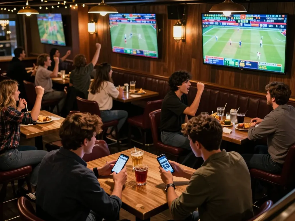 Spectators engaging in sports betting excitement, focusing on soi keo nha cai on their smartphones, vibrant sports bar atmosphere.