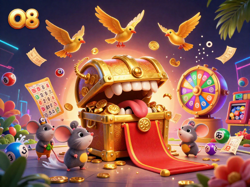 Spin and win at O8 with a vibrant lottery-themed 3D illustration of treasures and excitement!