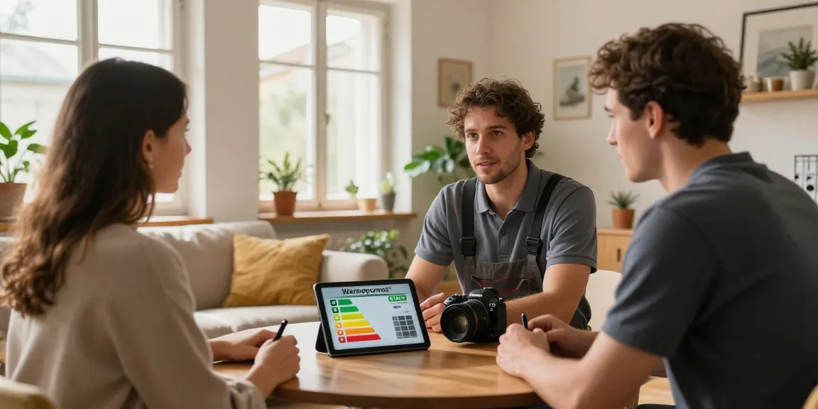 Installer explaining Wärmepumpe im Altbau options in a cozy living room, emphasizing home renovation.